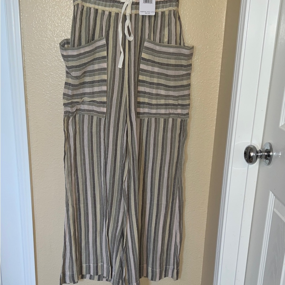 Free People Gray and Cream Striped Wide-Leg Pants